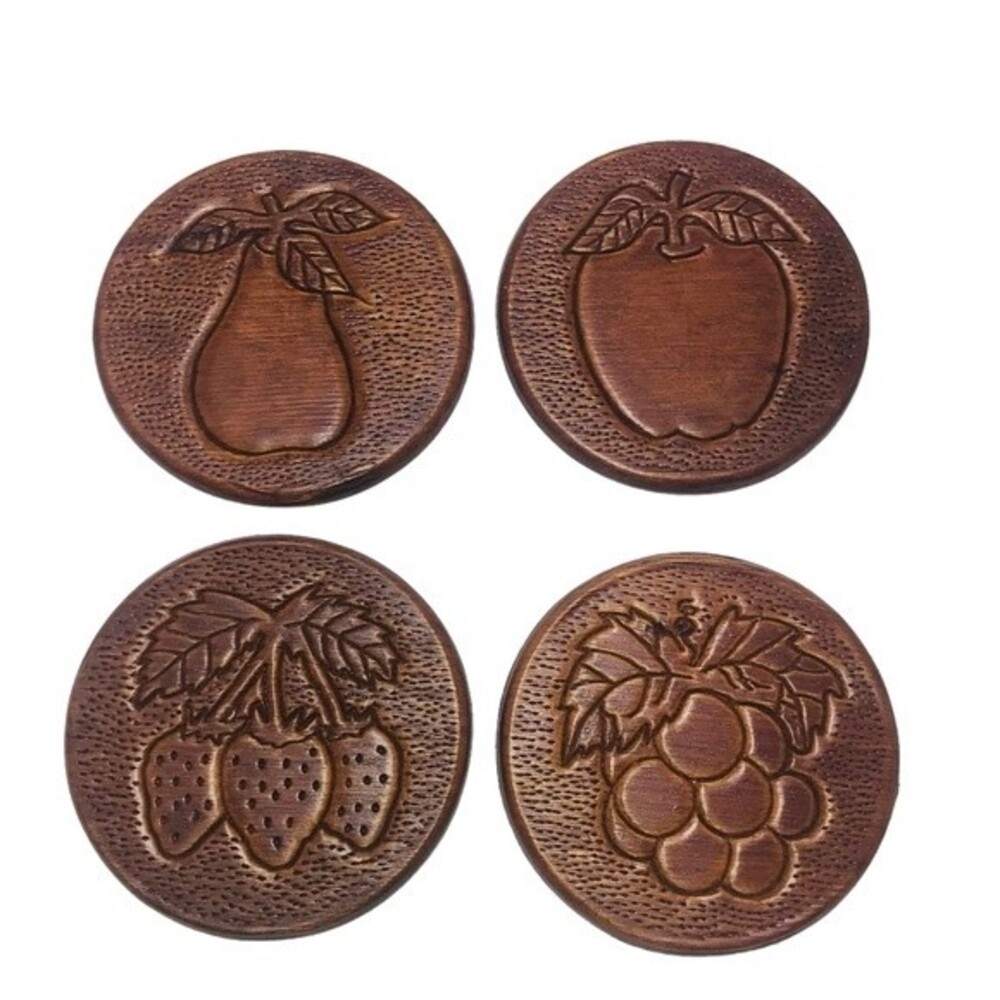 Vintage Wooden Carved Coasters Fruit Designs - Set of 4